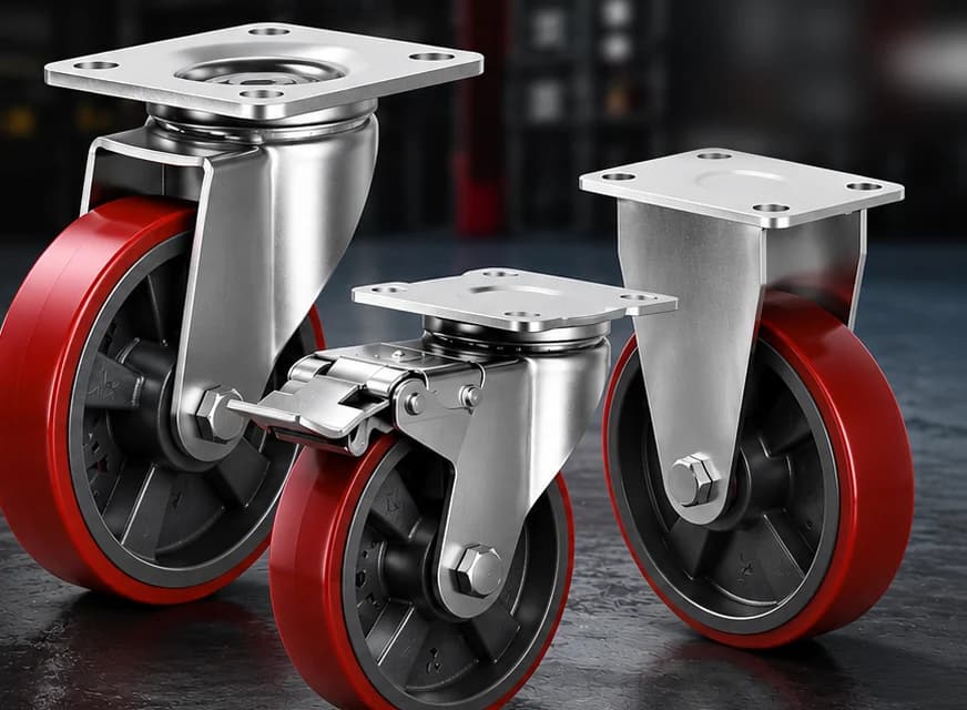 Three HOD caster wheels with red wheels: swivel, swivel with brake and rigid