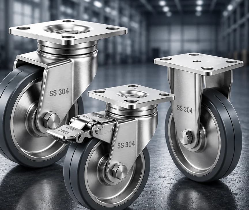 Three stainless steel caster wheels marked SS 304: swivel, swivel with lock and rigid