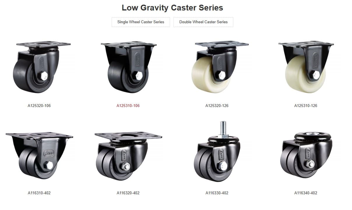 Low Gravity Caster Series: catalogue image with product codes